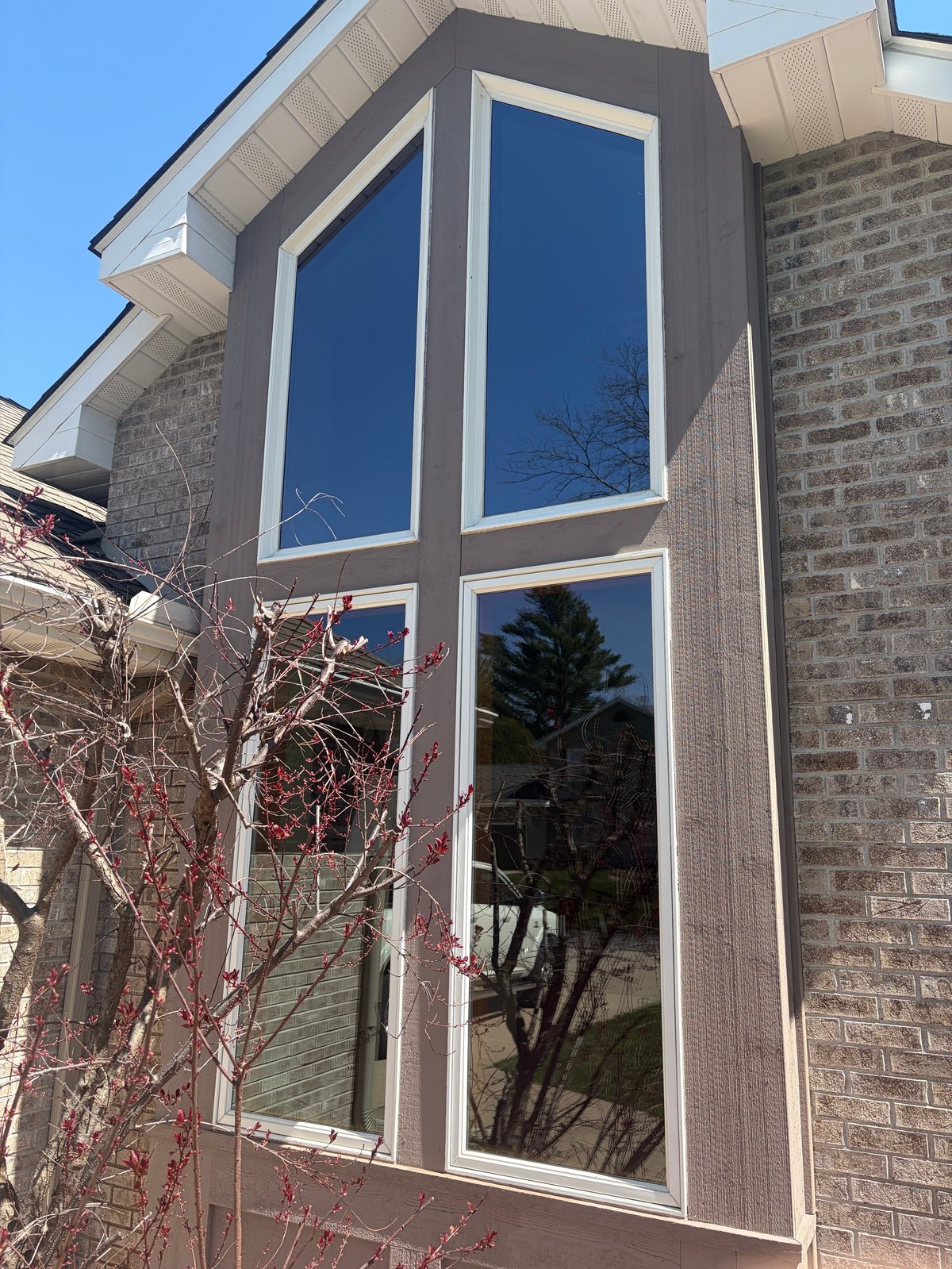 Modern residential window with gray frame and blue tinted glass panels on brick home exterior with bare vines
